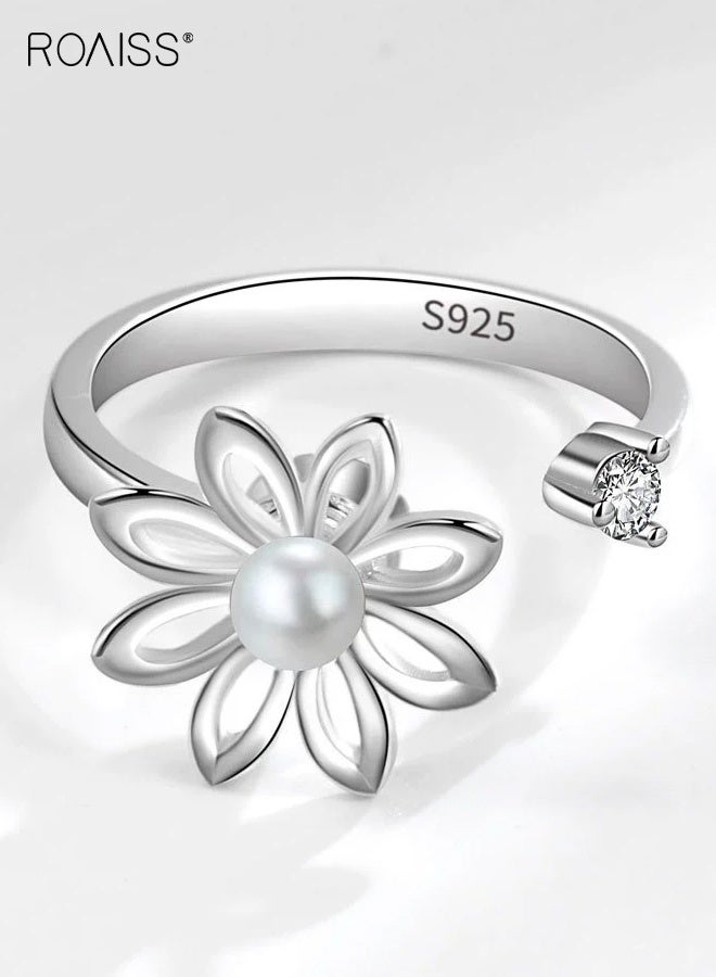 رويس خاتم فضة نسائي، خاتم مفتوح بتصميم زهور بسيط للنساء، خاتم مؤشر دائري بتصميم هندسي من اللؤلؤ المخرم، مجوهرات بسيطة مطلية بالكهرباء ومرصعة بالألماس، ذهب أبيض - Image 3