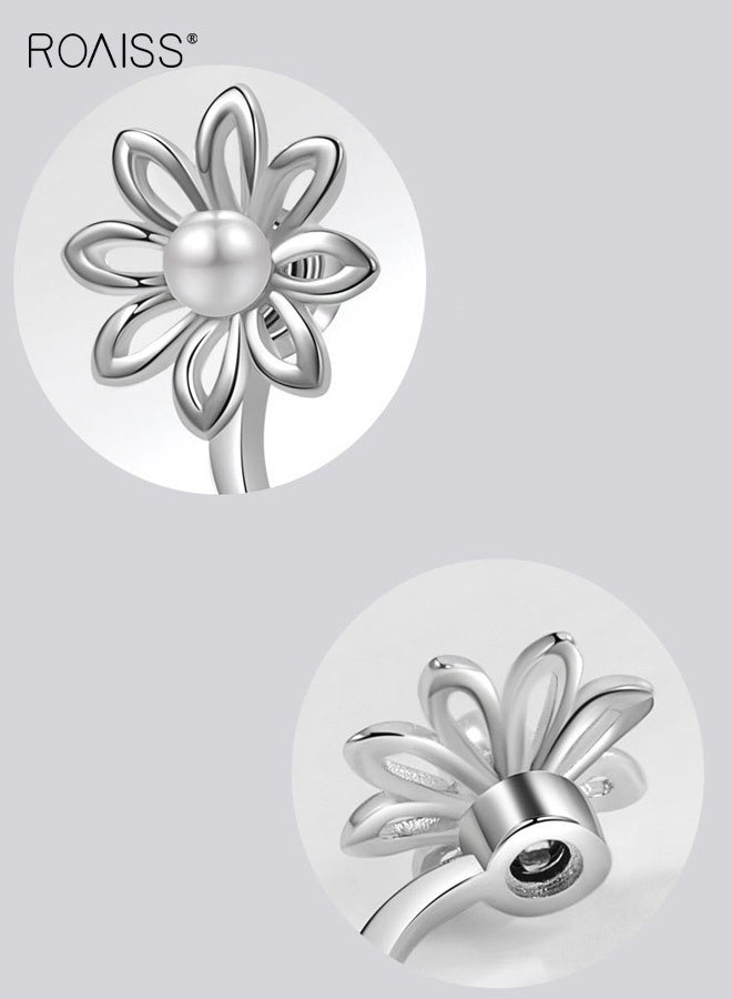 رويس خاتم فضة نسائي، خاتم مفتوح بتصميم زهور بسيط للنساء، خاتم مؤشر دائري بتصميم هندسي من اللؤلؤ المخرم، مجوهرات بسيطة مطلية بالكهرباء ومرصعة بالألماس، ذهب أبيض - Image 5