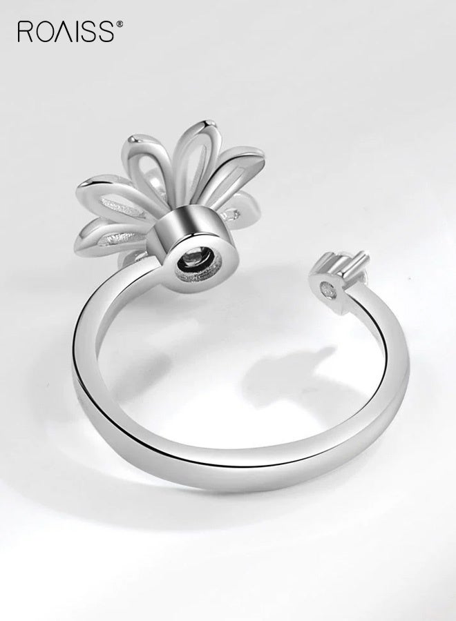 رويس خاتم فضة نسائي، خاتم مفتوح بتصميم زهور بسيط للنساء، خاتم مؤشر دائري بتصميم هندسي من اللؤلؤ المخرم، مجوهرات بسيطة مطلية بالكهرباء ومرصعة بالألماس، ذهب أبيض - Image 4