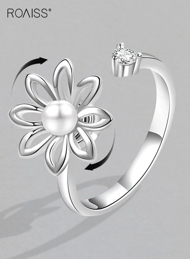 رويس خاتم فضة نسائي، خاتم مفتوح بتصميم زهور بسيط للنساء، خاتم مؤشر دائري بتصميم هندسي من اللؤلؤ المخرم، مجوهرات بسيطة مطلية بالكهرباء ومرصعة بالألماس، ذهب أبيض - Image 1