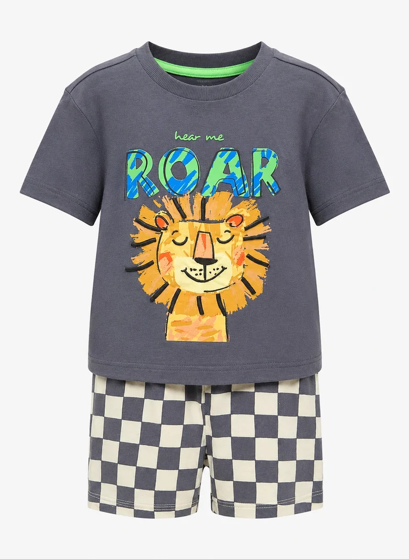 Matalan Boys Green Roaring Checkboard Top & Shorts Set