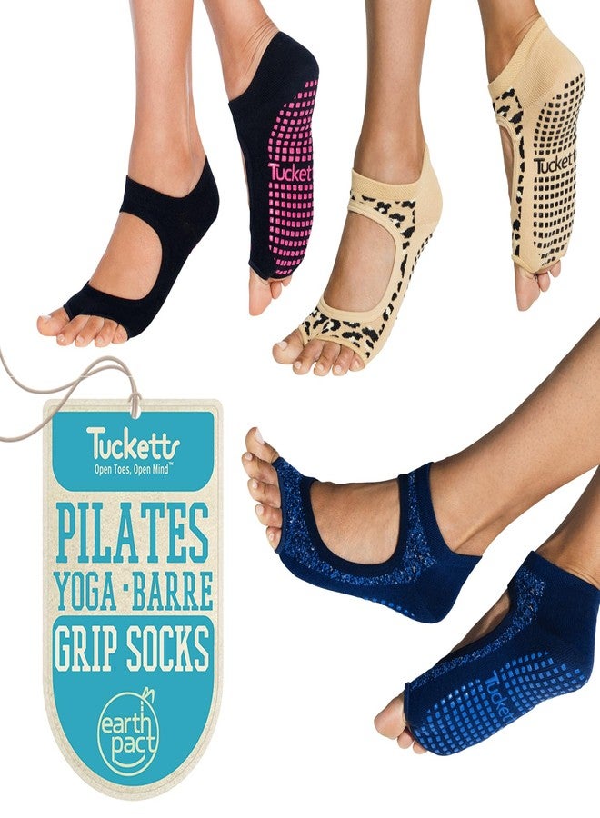 Tucketts Premium Allegro Toeless Yoga Socks with Grips for Women Toeless Socks For Women, Pilates Grip Socks Pilates Socks Women, S/M 3 Pack Black/Leopard/Starry-Night - Image 1