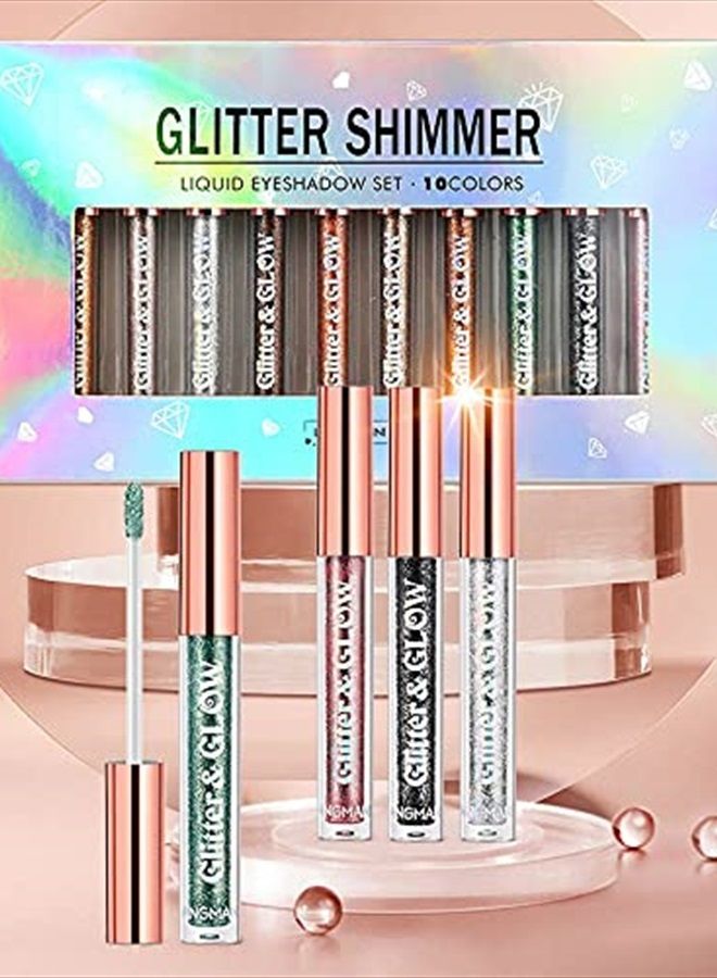 Bestland 10 Colors Liquid Glitter Eyeshadow Set, Metallic Glitter Shimmer Naked Smokey Eye Looks Waterproof Long Lasting Quick-Drying Sparkling Eye Shadow Makeup Kits - Image 5