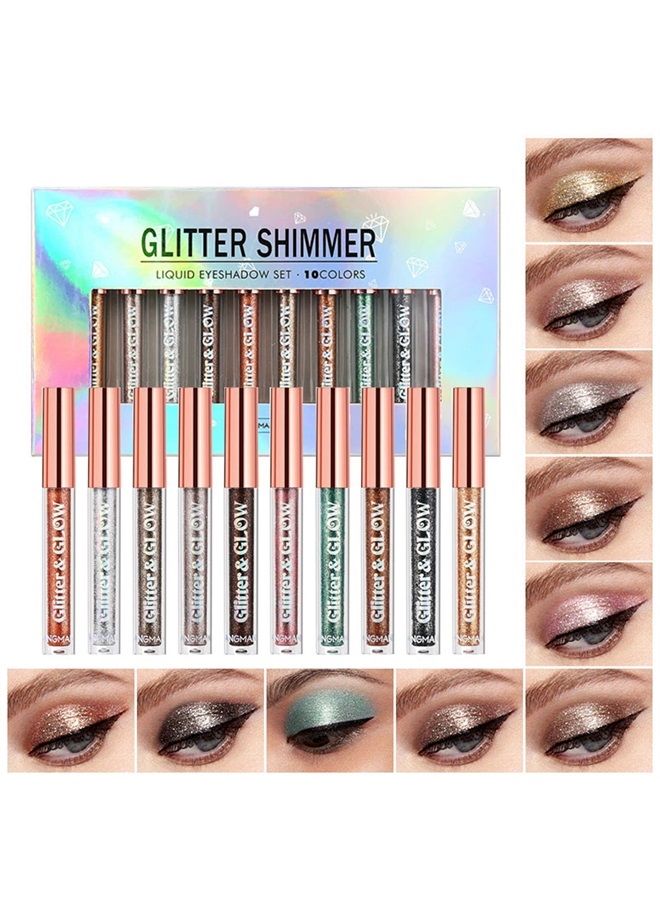 Bestland 10 Colors Liquid Glitter Eyeshadow Set, Metallic Glitter Shimmer Naked Smokey Eye Looks Waterproof Long Lasting Quick-Drying Sparkling Eye Shadow Makeup Kits - Image 1