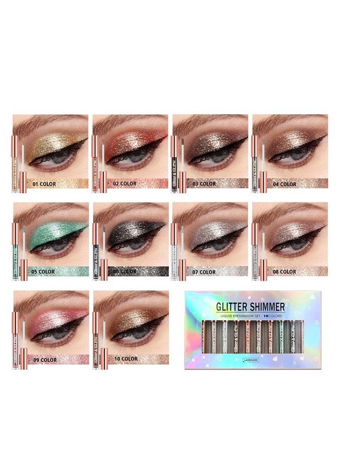 Bestland 10 Colors Liquid Glitter Eyeshadow Set, Metallic Glitter Shimmer Naked Smokey Eye Looks Waterproof Long Lasting Quick-Drying Sparkling Eye Shadow Makeup Kits - Image 2