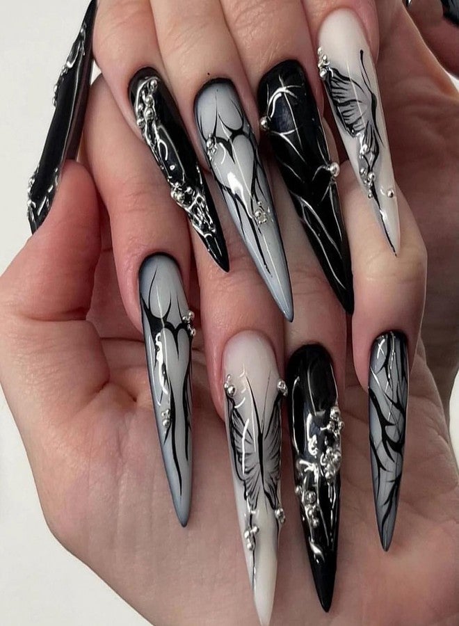 MISUD Press on Nails - Long Stiletto Glue on Nails with Goth Black, Acrylic Gothic Butterfly Design 24 pcs - Image 1
