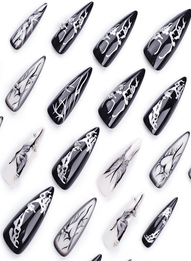 MISUD Press on Nails - Long Stiletto Glue on Nails with Goth Black, Acrylic Gothic Butterfly Design 24 pcs - Image 5