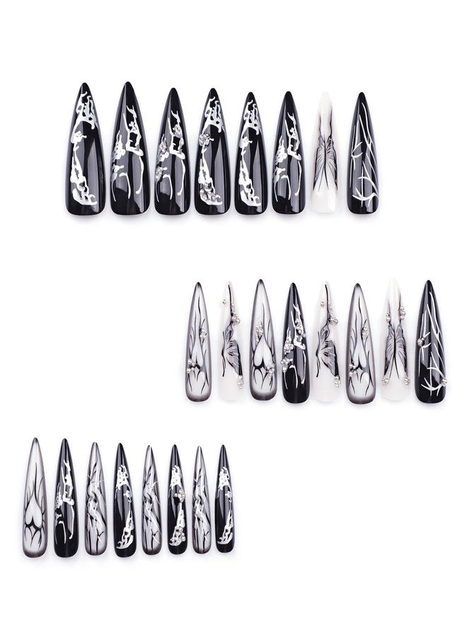 MISUD Press on Nails - Long Stiletto Glue on Nails with Goth Black, Acrylic Gothic Butterfly Design 24 pcs - Image 4