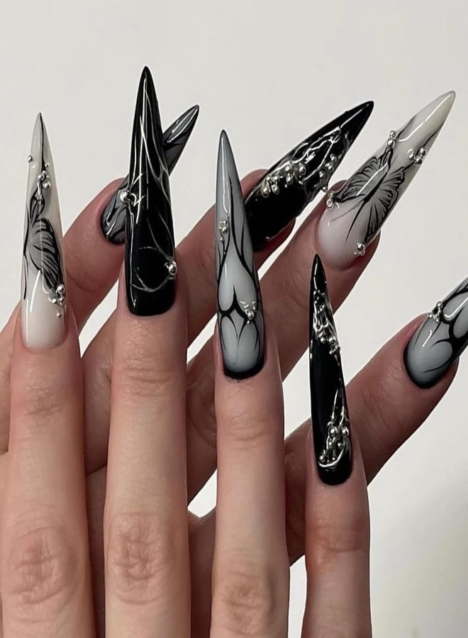 MISUD Press on Nails - Long Stiletto Glue on Nails with Goth Black, Acrylic Gothic Butterfly Design 24 pcs - Image 2