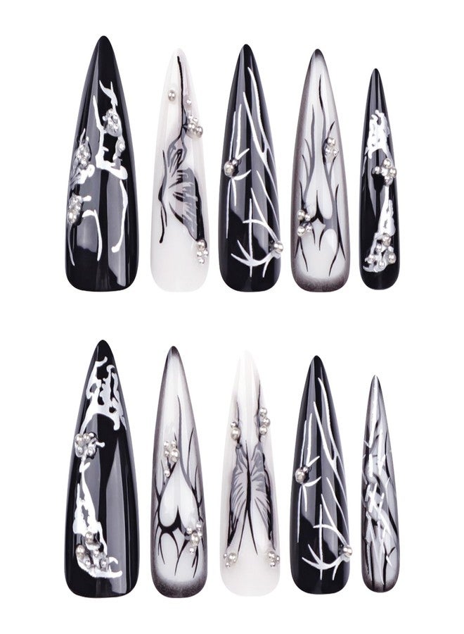 MISUD Press on Nails - Long Stiletto Glue on Nails with Goth Black, Acrylic Gothic Butterfly Design 24 pcs - Image 3