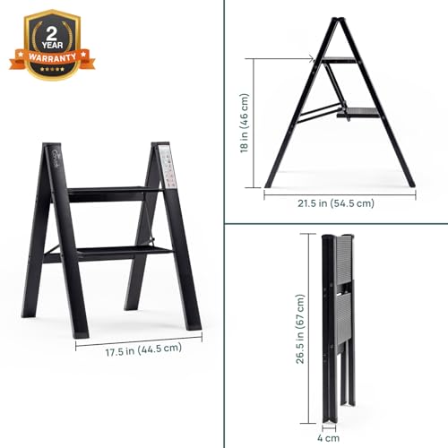 Corvids 2-Steps Premium Folding Step Stool with Wide Anti-Slip Pedal, Portable Lightweight Aluminum Step Ladder for Home and Office Use (Black) - Image 3