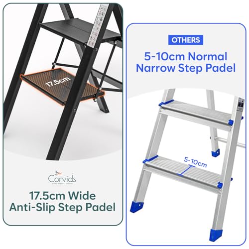 Corvids 2-Steps Premium Folding Step Stool with Wide Anti-Slip Pedal, Portable Lightweight Aluminum Step Ladder for Home and Office Use (Black) - Image 2