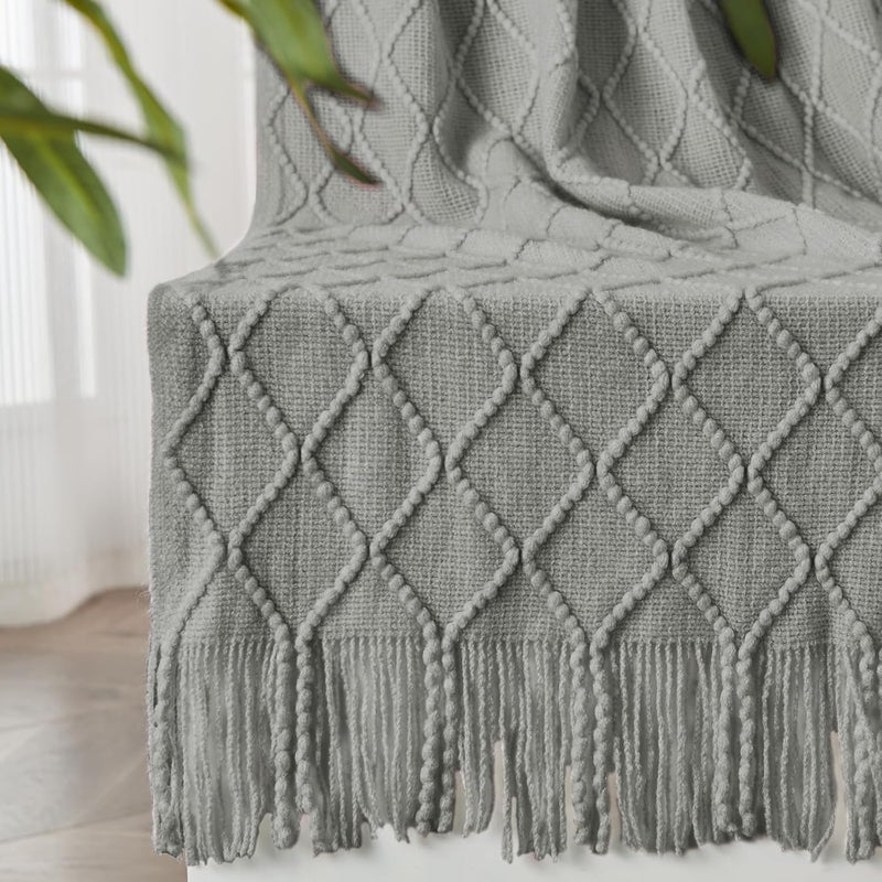 inhand Knitted Throw Blankets for Couch and Bed, Soft Cozy Knit Blanket with Tassel, Light Grey Lightweight Decorative Blankets and Throws, Farmhouse Warm Woven Blanket for Men and Women, 50"x60" - Image 1
