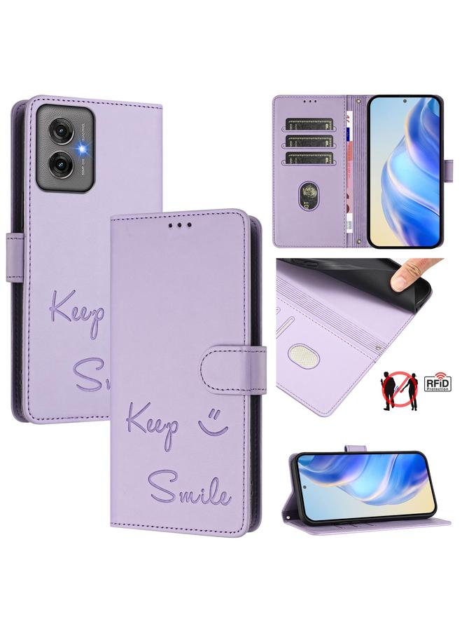 اس-توب جراب لهاتف موتورولا موتو جي 55 مصنوع من الجلد بنقش مبتسم بتقنية RFID - Image 1