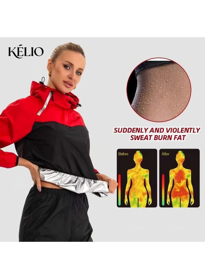 KELIO Women's Hooded Color Block Sauna Suit with Silver Coated Liner, Heavy Duty Sweat Suit for Weight Loss, Gym Fitness Workout, Long Sleeve Top & Pants Set - Image 1