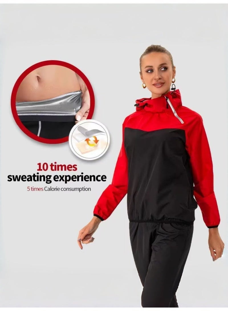 KELIO Women's Hooded Color Block Sauna Suit with Silver Coated Liner, Heavy Duty Sweat Suit for Weight Loss, Gym Fitness Workout, Long Sleeve Top & Pants Set - Image 3