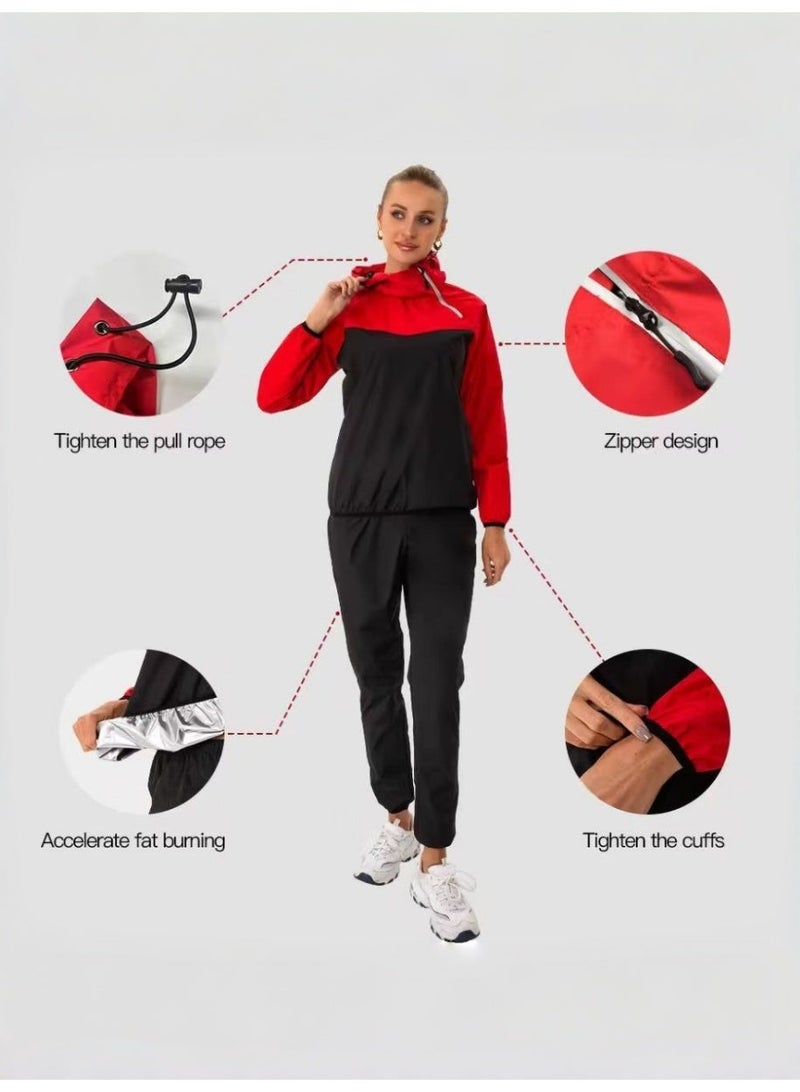 KELIO Women's Hooded Color Block Sauna Suit with Silver Coated Liner, Heavy Duty Sweat Suit for Weight Loss, Gym Fitness Workout, Long Sleeve Top & Pants Set - Image 4