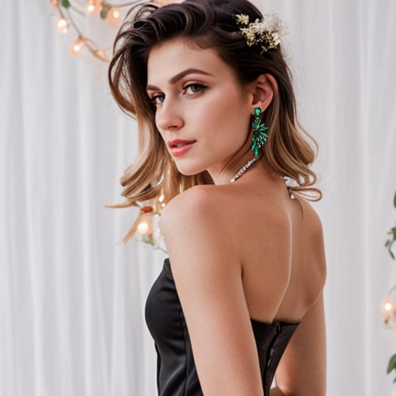 BriLove Women's Wedding Bridal Crystal Teardrop Multi Marquise Cluster Bling Dangle Earrings Emerald Color Gold-Toned - Image 3