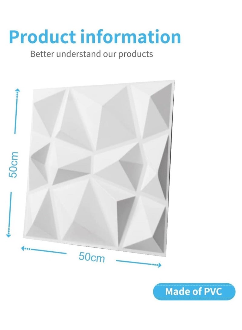 MIXDE 12 PCS 3D Wall Panels, 3D Texture PVC Wallpaper, Diamond Design Decorative Wall Cover, Each 50x50cm white - Image 2