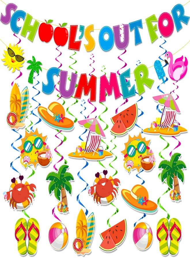 NUTTYBASH School's Out for Summer Banner Summer Party Decorations Include Hello Summer Banner and Hanging Swirls Last Day of School Decorations Pool Party Decorations - Image 1