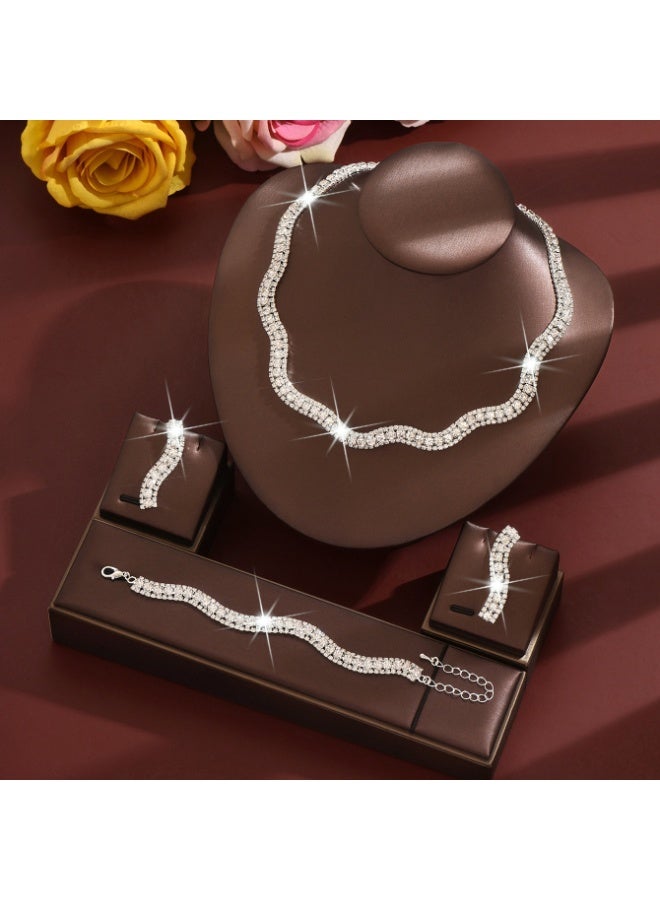 AuliceVerse 3 PCS Rhinestone Choker Bracelet Ring Earrings Studs Set Double Row Round Diamond Collar Necklace Bridal Evening Dress Accessories for Women Simple and Elegant Jewelry Set for Parties and Evening Banquets Silver - Image 3