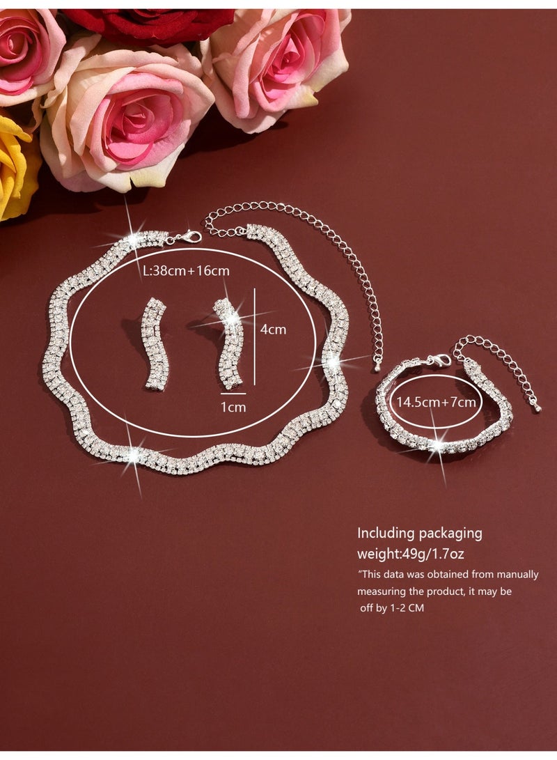 AuliceVerse 3 PCS Rhinestone Choker Bracelet Ring Earrings Studs Set Double Row Round Diamond Collar Necklace Bridal Evening Dress Accessories for Women Simple and Elegant Jewelry Set for Parties and Evening Banquets Silver - Image 4