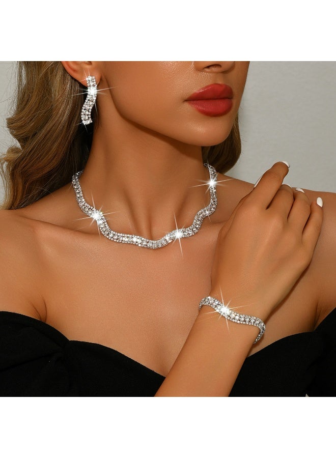 AuliceVerse 3 PCS Rhinestone Choker Bracelet Ring Earrings Studs Set Double Row Round Diamond Collar Necklace Bridal Evening Dress Accessories for Women Simple and Elegant Jewelry Set for Parties and Evening Banquets Silver - Image 2