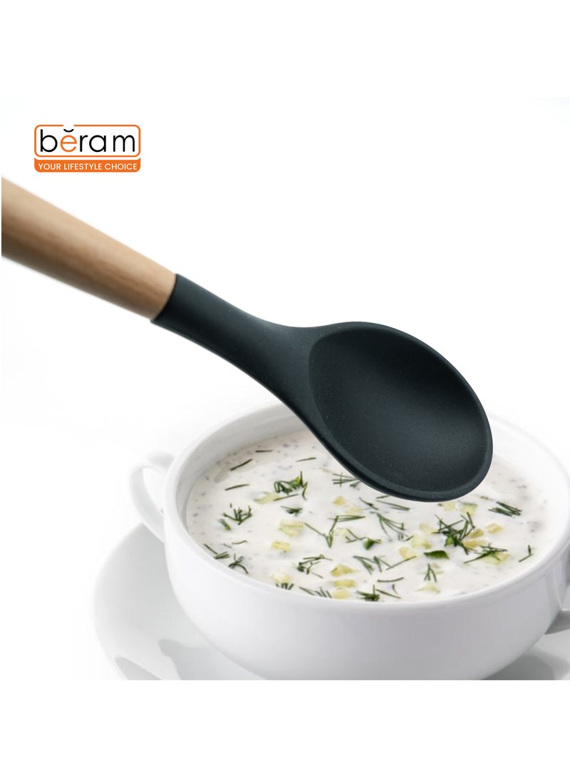 Beram Silicone Serving Spoon Cooking Utensil Set with Wooden Handles Heat Resistant BPA Free Non-Stick Kitchen Tools for Cooking Baking Mixing Stirring Serving –Black (Single Serving Spoon) - Image 5