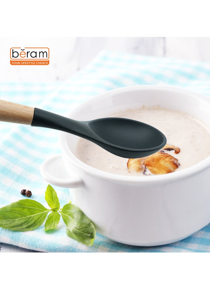 Beram Silicone Serving Spoon Cooking Utensil Set with Wooden Handles Heat Resistant BPA Free Non-Stick Kitchen Tools for Cooking Baking Mixing Stirring Serving –Black (Single Serving Spoon) - Image 3