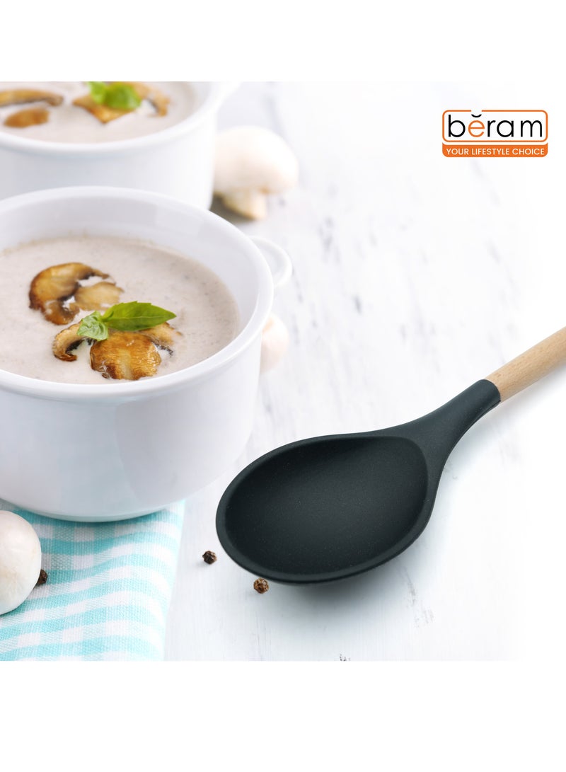 Beram Silicone Serving Spoon Cooking Utensil Set with Wooden Handles Heat Resistant BPA Free Non-Stick Kitchen Tools for Cooking Baking Mixing Stirring Serving –Black (Single Serving Spoon) - Image 4