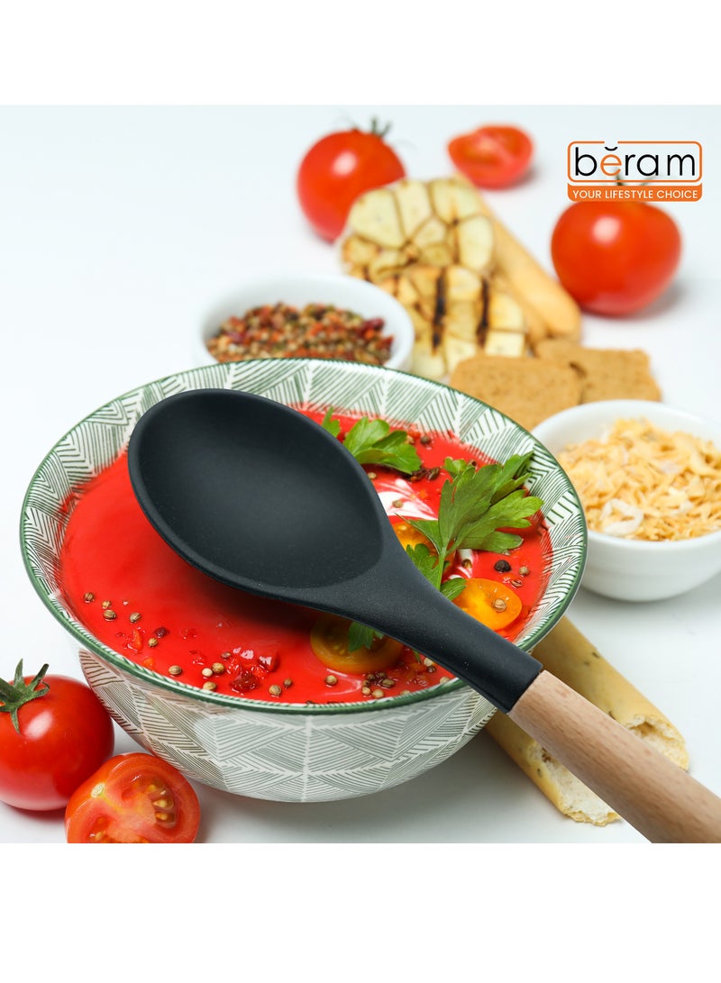 Beram Silicone Serving Spoon Cooking Utensil Set with Wooden Handles Heat Resistant BPA Free Non-Stick Kitchen Tools for Cooking Baking Mixing Stirring Serving –Black (Single Serving Spoon) - Image 2