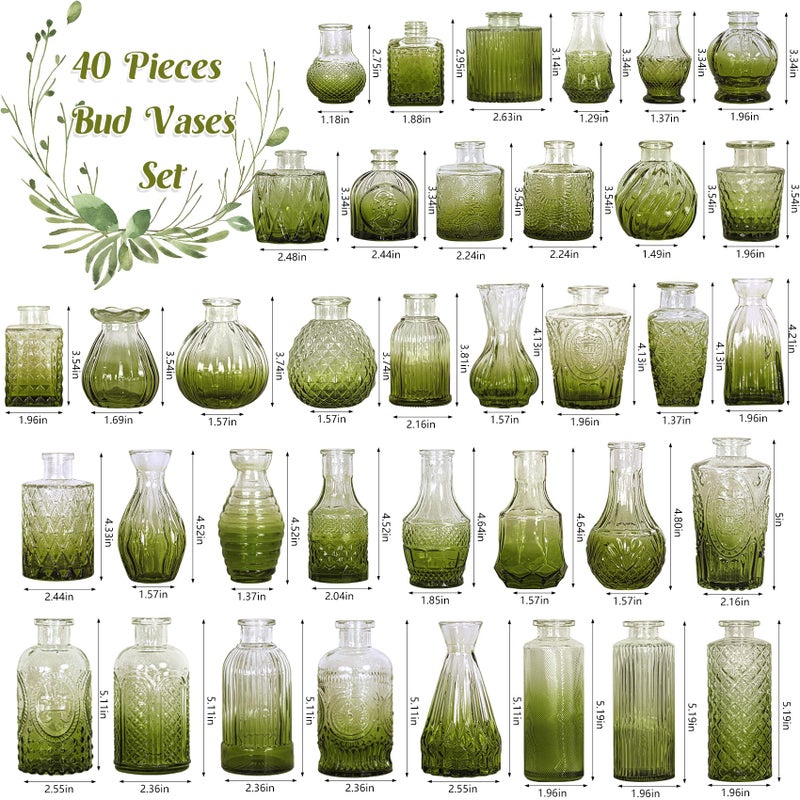 Fivenl Set of 40 Glass Bud Vases, Small Green Glass Vases in Bulk, Mini Vintage Embossed Flower Vase for Wedding, Centerpieces, Birthday Party, Baby Shower, Home Table Decorations (Green) - Image 2