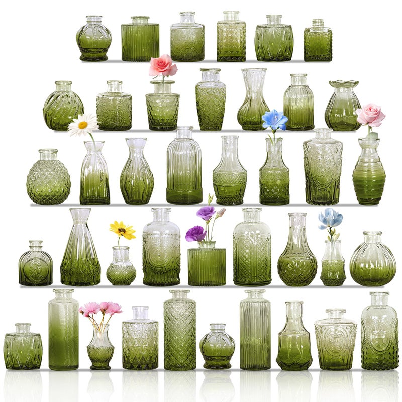 Fivenl Set of 40 Glass Bud Vases, Small Green Glass Vases in Bulk, Mini Vintage Embossed Flower Vase for Wedding, Centerpieces, Birthday Party, Baby Shower, Home Table Decorations (Green) - Image 1