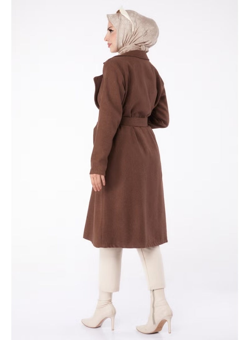 Tofisa Plain Double Breasted Women's Brown Cashmere Coat - 13287 - Image 3