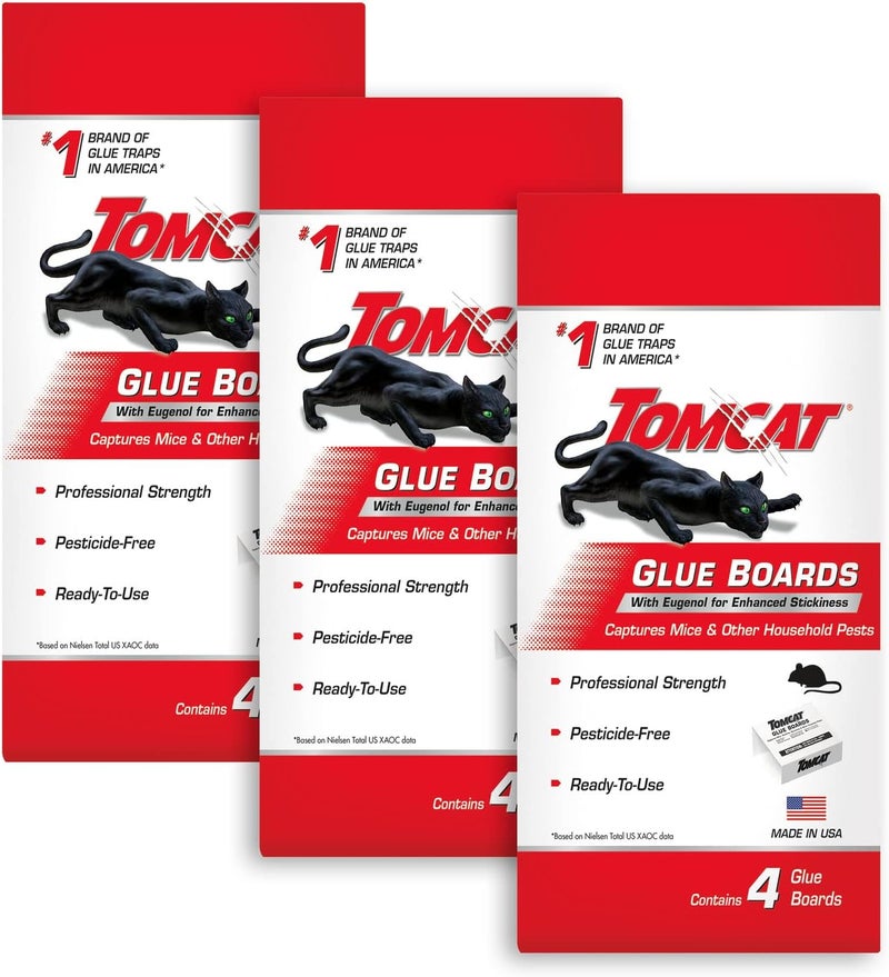 TOMCAT Glue Boards with Immediate Grip Glue for Mice, Cockroaches, and Insects, Ready-to-Use, 3-Pack (12 Glue Boards) - Image 1
