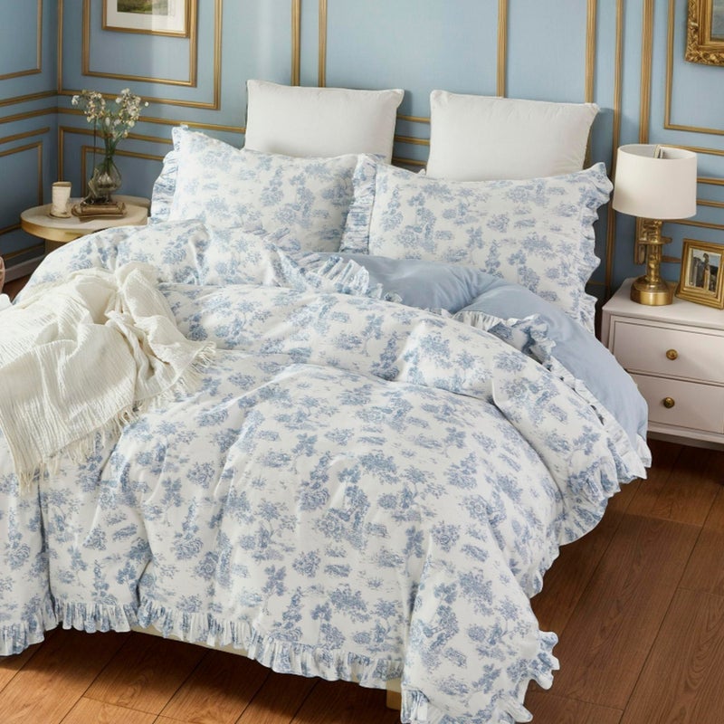 Brandream French Country Toile Queen Duvet Cover Set for Girl Women Bedroom Vintage Blue Toile Floral Print 100 Cotton Duvet Quilt Comforter Cover Pillow Shams Set with Delicate Ruffle Fringe
