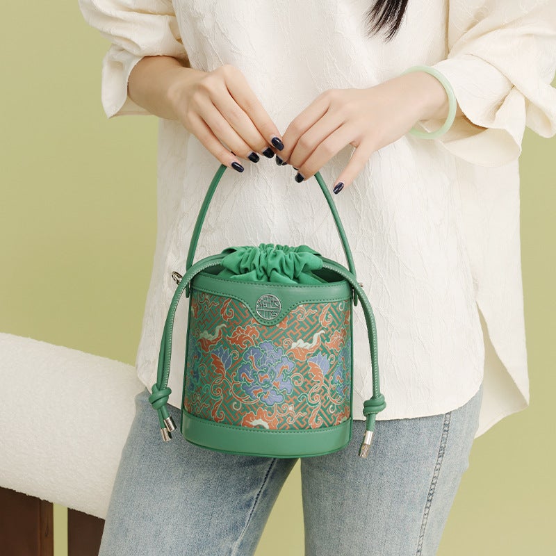 New Chinese-Style National Heritage Handbag With Drawstring, Traditional Song Brocade Mulberry Silk Shoulder Bag For Women, Crossbody Handbag - Image 5