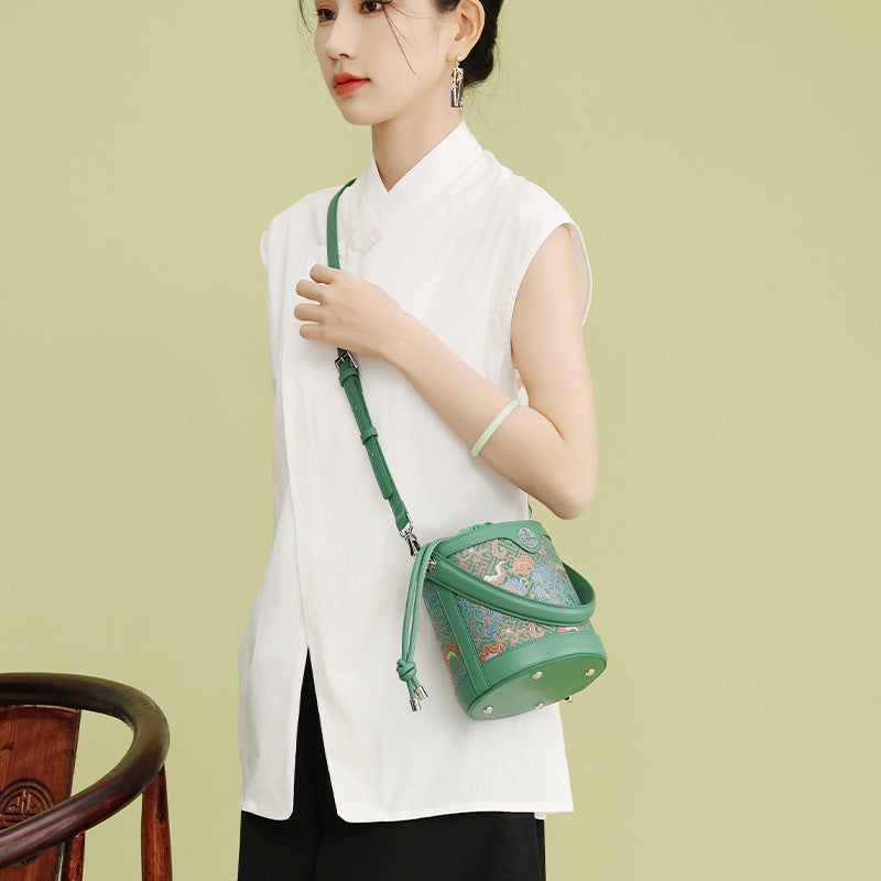 New Chinese-Style National Heritage Handbag With Drawstring, Traditional Song Brocade Mulberry Silk Shoulder Bag For Women, Crossbody Handbag - Image 4