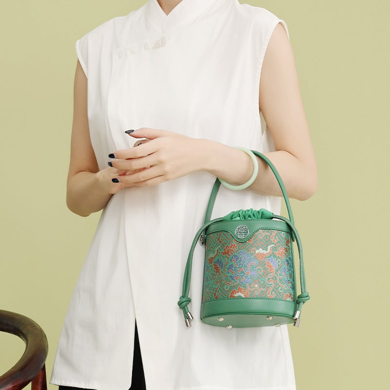 New Chinese-Style National Heritage Handbag With Drawstring, Traditional Song Brocade Mulberry Silk Shoulder Bag For Women, Crossbody Handbag - Image 3