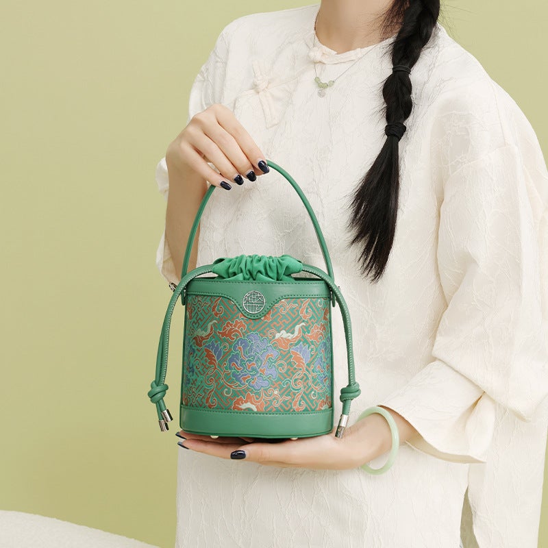 New Chinese-Style National Heritage Handbag With Drawstring, Traditional Song Brocade Mulberry Silk Shoulder Bag For Women, Crossbody Handbag - Image 2