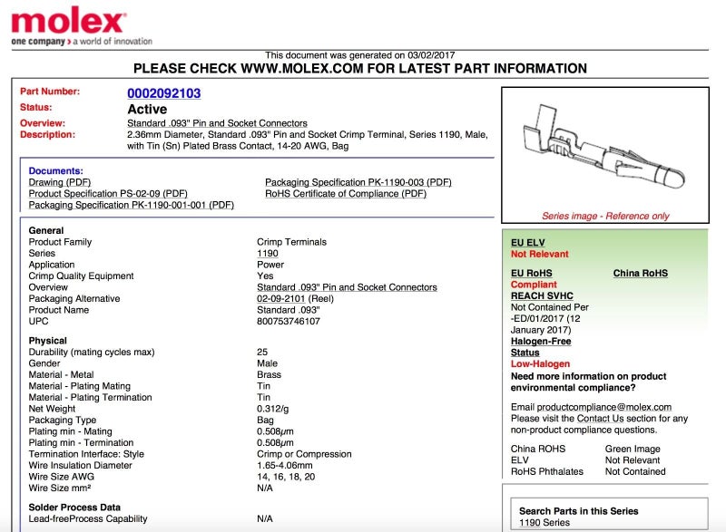 Molex 2-Circuits .093" - MOLEX Connector, 5 Matched Set,14-20 AWG, Free Hanging, w/Lock - Image 3