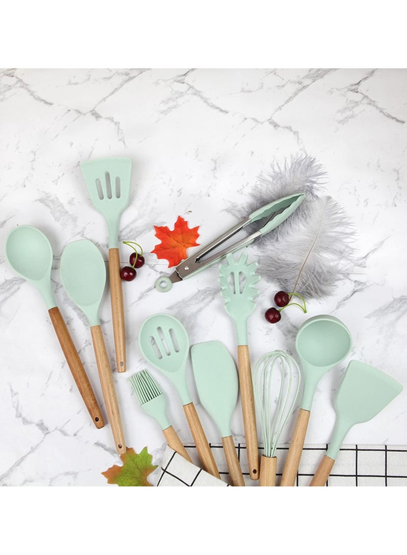 12PCS Kitchen Utensil Set Silicone Cooking Utensils Kit Spatula Heat Resistant Wooden Spoons Gadgets Tool for Non-Stick Cookware (green) - Image 2
