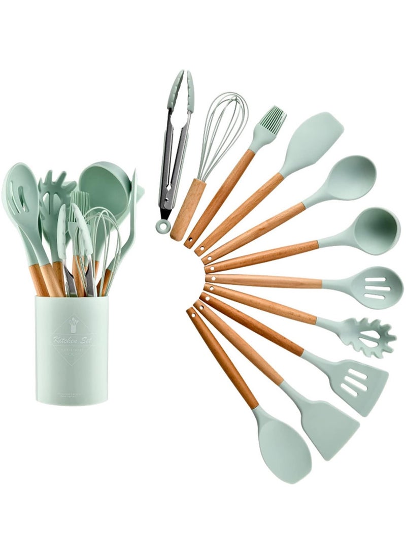 12PCS Kitchen Utensil Set Silicone Cooking Utensils Kit Spatula Heat Resistant Wooden Spoons Gadgets Tool for Non-Stick Cookware (green) - Image 1