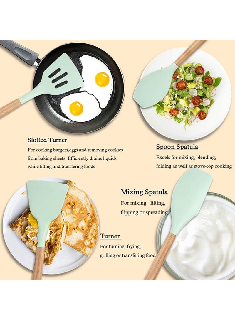 12PCS Kitchen Utensil Set Silicone Cooking Utensils Kit Spatula Heat Resistant Wooden Spoons Gadgets Tool for Non-Stick Cookware (green) - Image 3