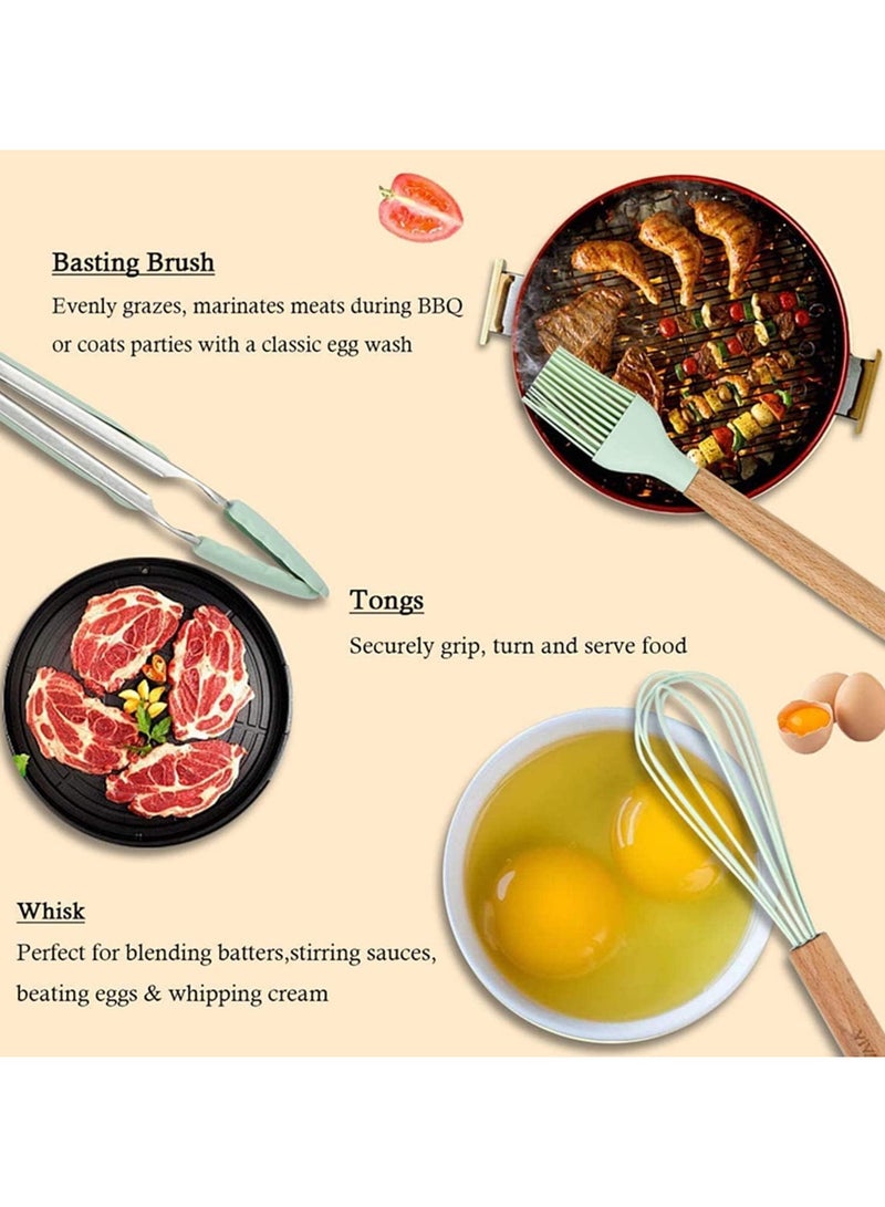 12PCS Kitchen Utensil Set Silicone Cooking Utensils Kit Spatula Heat Resistant Wooden Spoons Gadgets Tool for Non-Stick Cookware (green) - Image 5