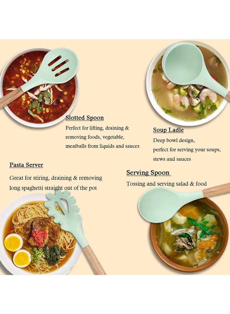 12PCS Kitchen Utensil Set Silicone Cooking Utensils Kit Spatula Heat Resistant Wooden Spoons Gadgets Tool for Non-Stick Cookware (green) - Image 4