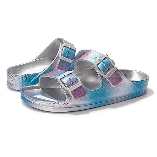 FUNKYMONKEY Women's Plastic Sandals New Upgrade Quality EVA Waterproof Double Buckle Adjustable Slides Shoes (6 M US, New Variation Silver&Blue&Purple/XPZ) - Image 5