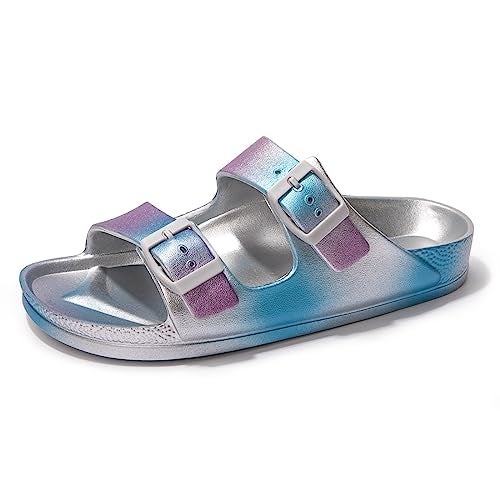 FUNKYMONKEY Women's Plastic Sandals New Upgrade Quality EVA Waterproof Double Buckle Adjustable Slides Shoes (6 M US, New Variation Silver&Blue&Purple/XPZ) - Image 1