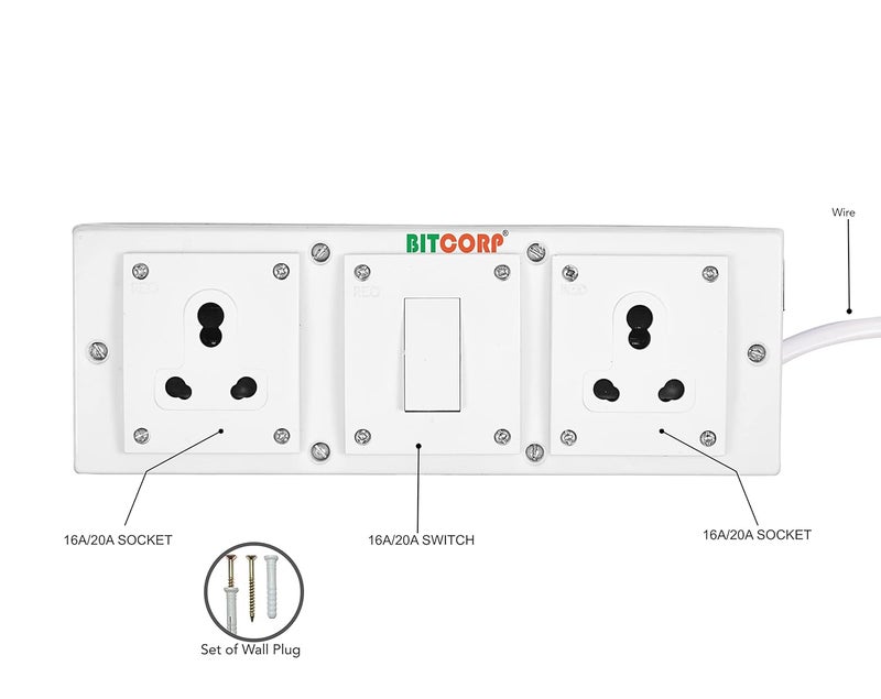 Bitcorp Extension Board Heavy Duty Junction Box 15A 16A 20A 2 Way Socket 1 Switch 3500 Load Capacity High Voltage with Thermal Protection Surge Control 1 Meter Long Cable Cord White - Image 3