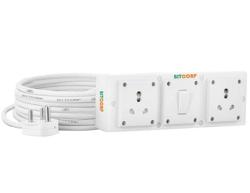 Bitcorp Extension Board Heavy Duty Junction Box 15A 16A 20A 2 Way Socket 1 Switch 3500 Load Capacity High Voltage with Thermal Protection Surge Control 1 Meter Long Cable Cord White - Image 1